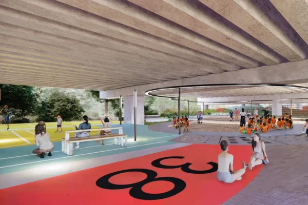 An artists impression of a new multi functional space for sports events and gatherings which will be created underneath the Queensway viaduct